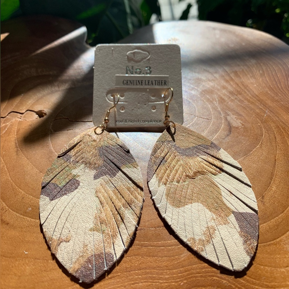 genuine leather camouflage leaf shaped earrings